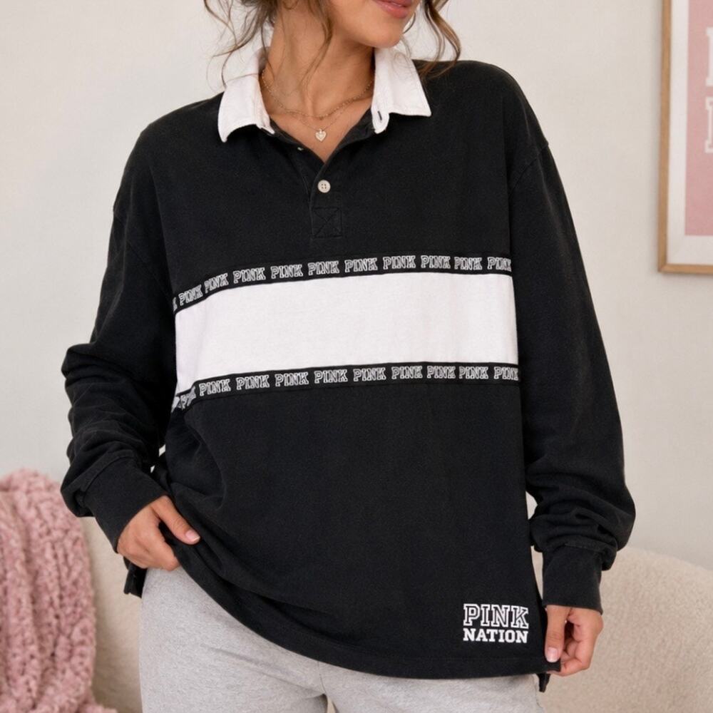 Victoria’s Secret PINK Rugby Polo Long Sleeve Y2K Oversized Top L
